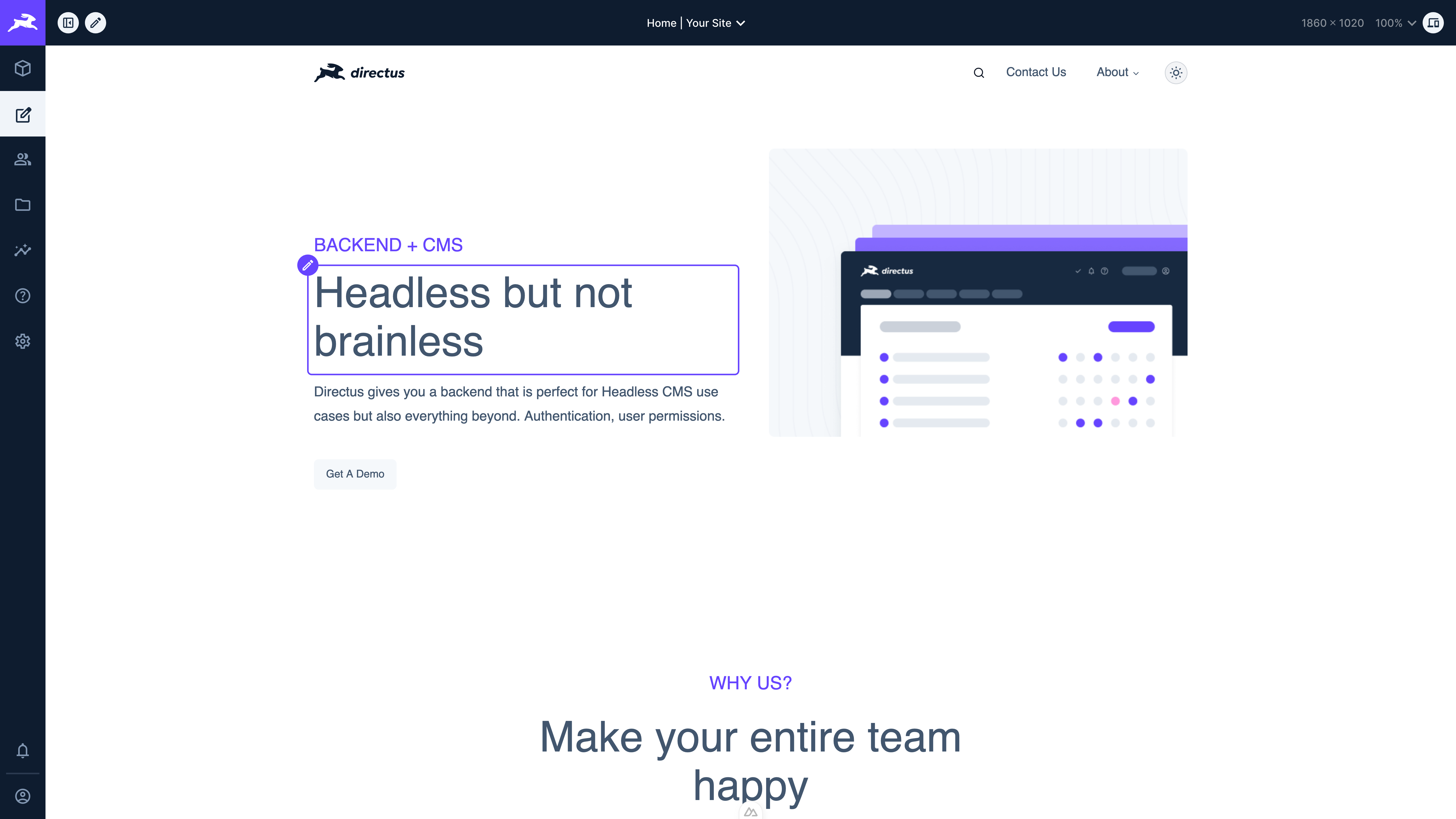 An image of the visual editor with the drawer open on a page and an input being hovered over